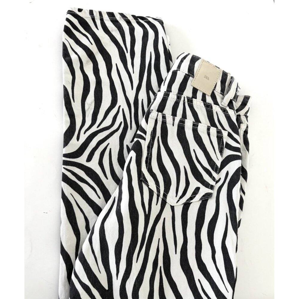 Zara Jeans Size 2 Zebra Print High Rise Straight Leg Y2K Streetwear Scandi Style - Picture 2 of 16